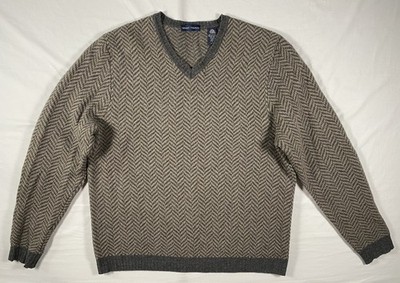 Grant Thomas Men's Tan Grey Woolmark Sweater 100% Merino Wool Houndstooth Large