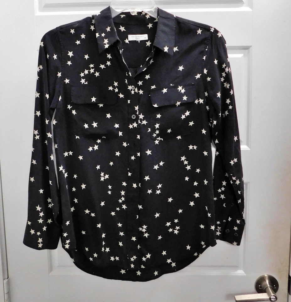 Blusa Equipment Mujer Top Estrellas Negras Abotonada 100% Seda Mujer S Foto 2 de 4