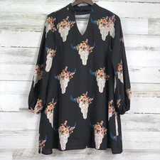 Altar'd State Black Long Sleeve Bull Skull Floral Print Boho Mini Dress Small