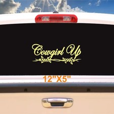 Cowgirl up car decal, vinyl sticker, Western style barbed wire design country