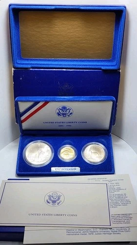 1986 Set Statue of Liberty, 3 Coins Clad Half, Silver $1, Gold $5 MS with OGP