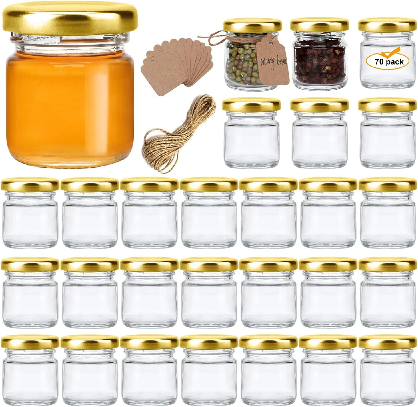 70 Pack 1.5Oz Mini Glass Jars Bulk Round Small 45Ml Honey Jars Golden Lids Clear