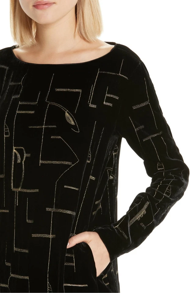 LAFAYETTE 148 Black Gold Embroidered Rich Velvet Cocktail Shift Dress L = 12/14 - Image 3 of 4