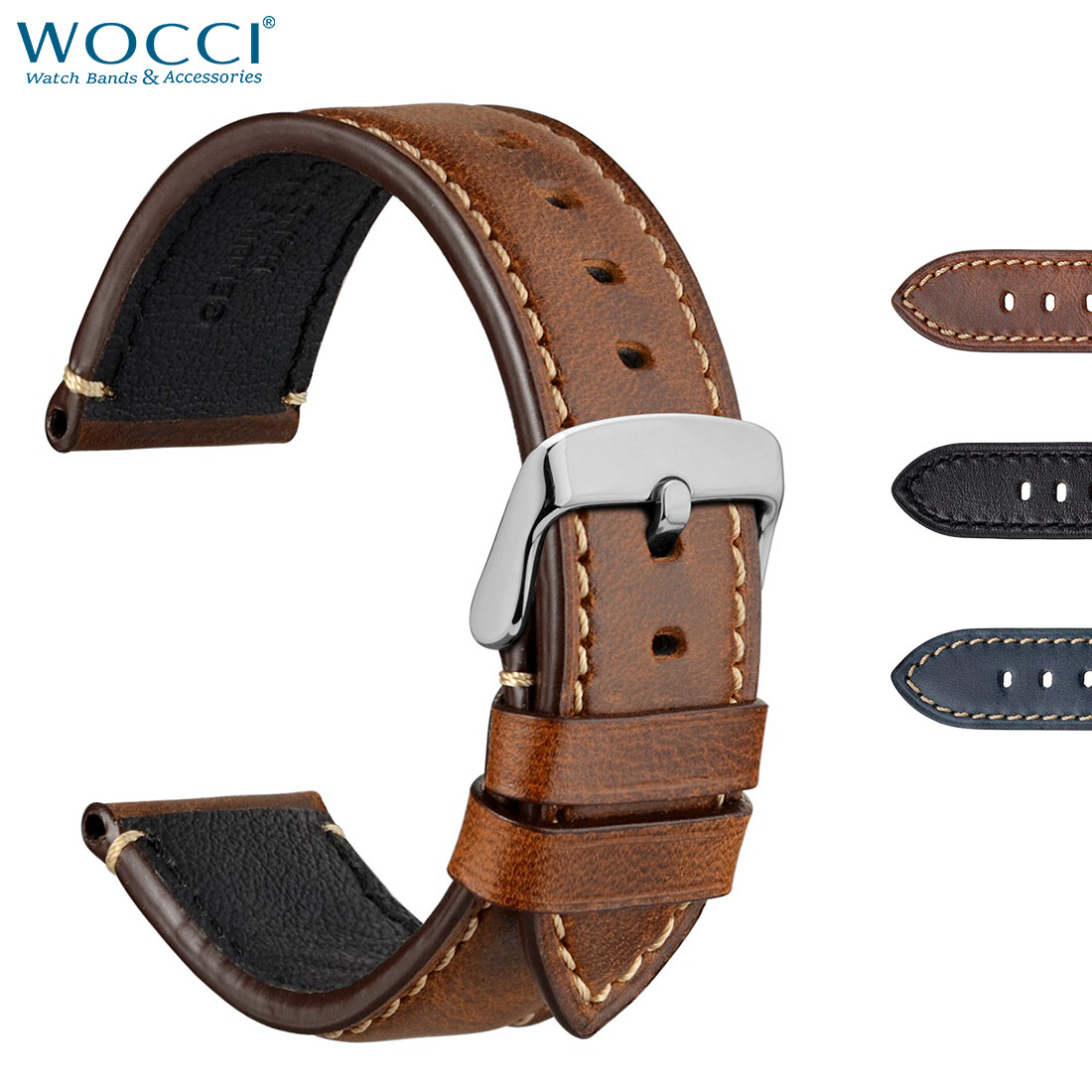 WOCCI Business Casual Style Watch Band 18mm 20mm 22mm 24mm Vintage Leather Strap