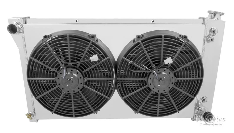 Radiador 3 filas RR Champion 28" núcleo, ventiladores 14", cubierta para Chevy Blazer 1967-1972 Foto 3 de 4