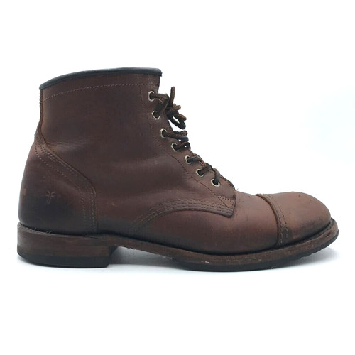 Frye Logan Brown Leather Ankle Boots Lace Up Cap Toe Logger Combat Mens 10.5 M