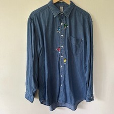 M&Ms Candy Button Front Blouse Womens Large Embroidered Chambray Collared VTG