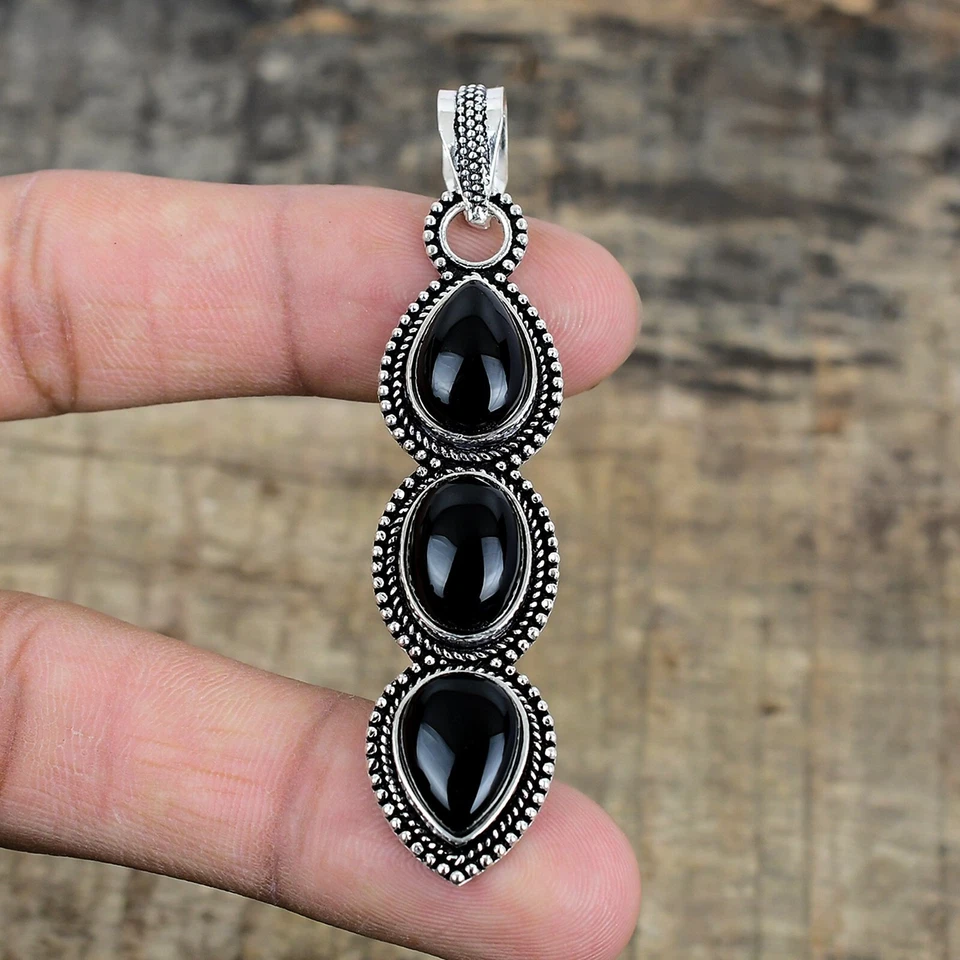 Pendente In Argento Sterling 925 Fatto A Mano In Onice Nero Per Natale - Immagine 2 di 4