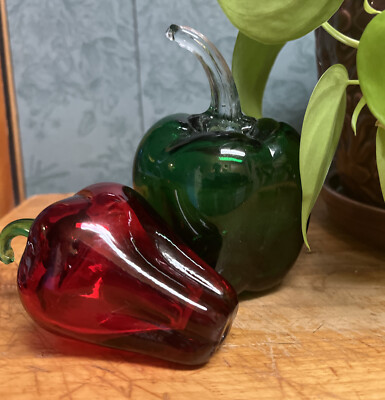 Two Vintage Art Glass Green Pepper Red Pepper Vegetables Blown Glass