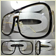 OVERSIZE VINTAGE RETRO Style Clear Lens EYE GLASSES Large Big Black & Gold Frame