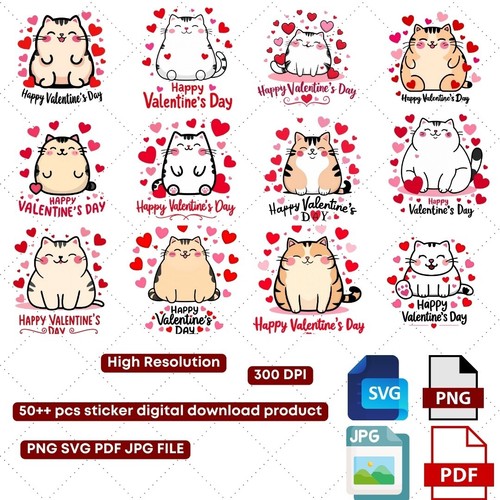 50+ Adorable Valentine's Day Cat Vector Designs Illustrations Digital Download - Picture 3 of 9