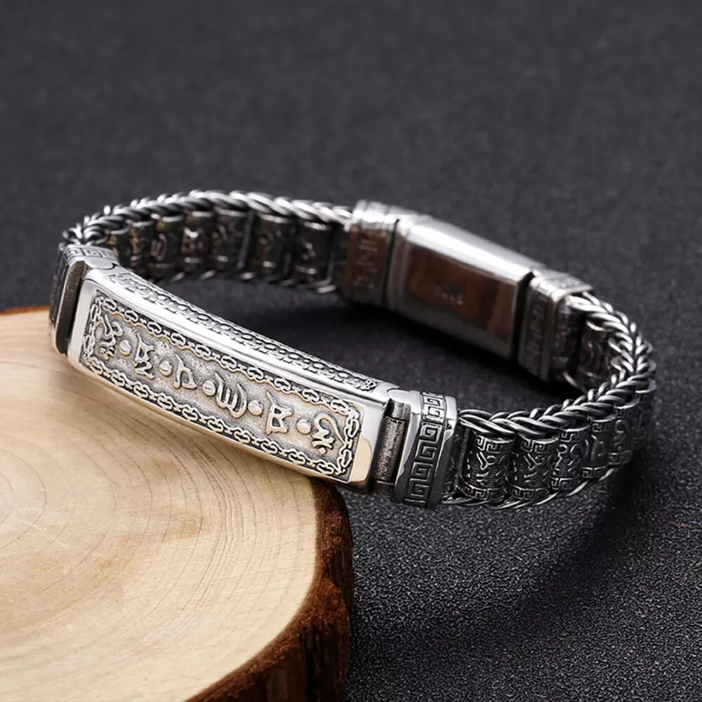Men s Real Solid 925 Sterling Silver Bracelet Om Mani Padme Hum Braided 7.9 eBay