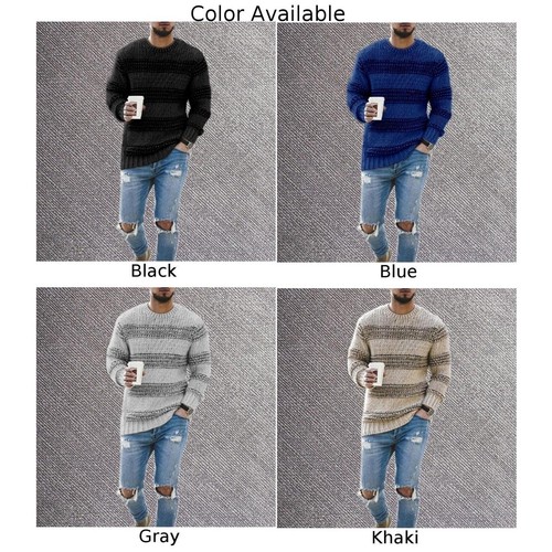 Herren Warmer Langarm Pullover Streifen Strick Winter Rundhals Sweater Pulli - Bild 2 von 10