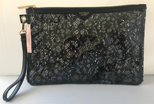 VICTORIA'S SECRET CLEAR BLACK FLORAL LACY WRISTLET COSMETIC BAG W/ ZIPPER New