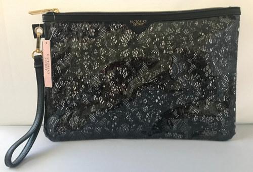 BORSA COSMETICA VICTORIA'S SECRET TRASPARENTE NERA PIZZO FLOREALE BRACCIALETTO CON CERNIERA Nuova - Foto 1 di 4