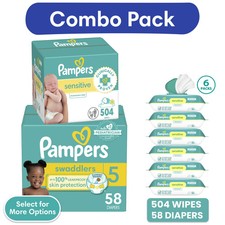 Pampers Swaddlers Diapers, Size 5, 58 Count and Pampers Sensitive Baby Wipes 6-P