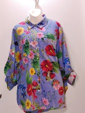 Calvin Klein Womens 1X Long Sleeve Floral Cottagecore Striped Button-up Blouse