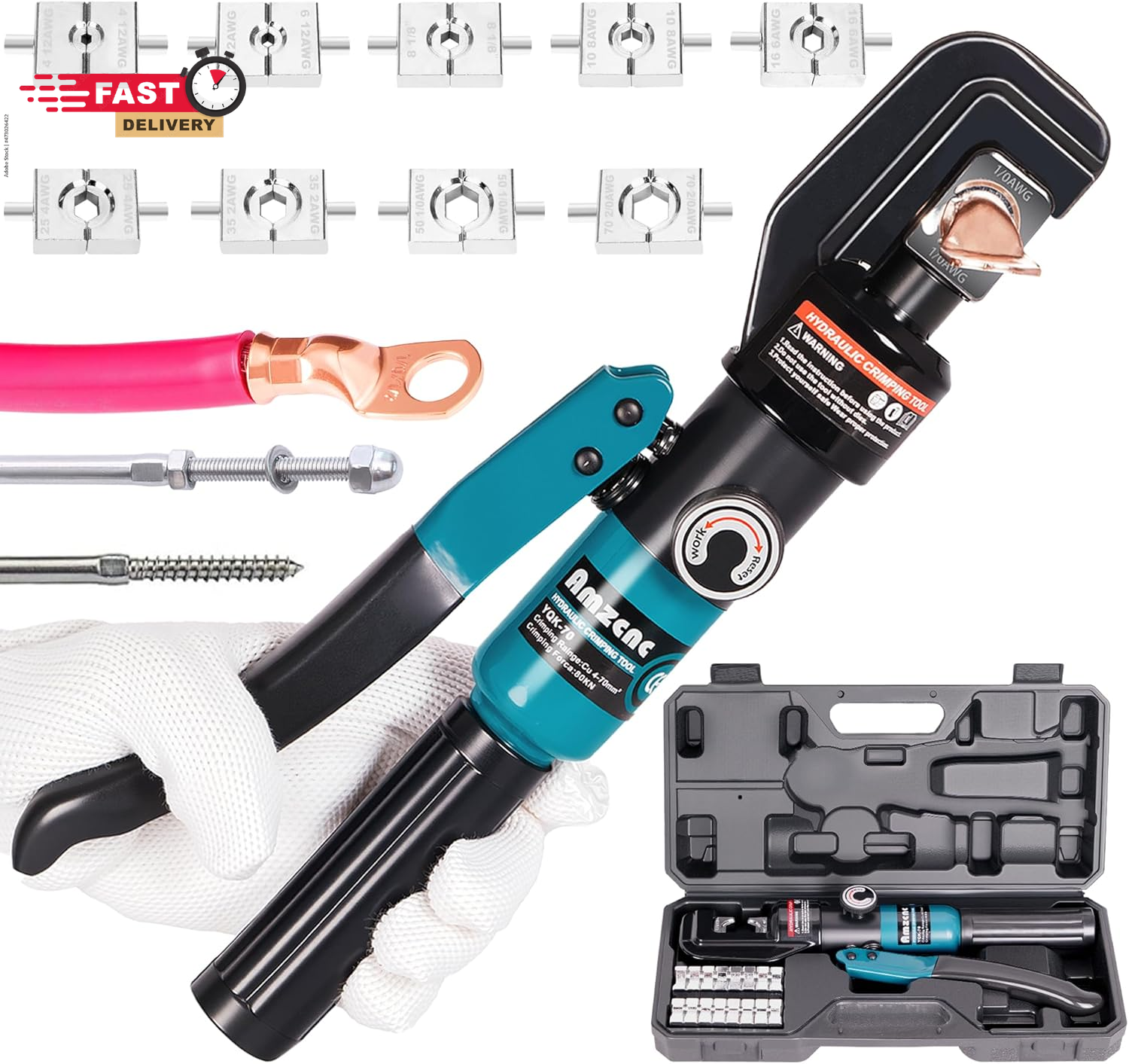 10 Ton Hydraulic Battery Cable Crimper – Single-Hand Return, 9 Hex Dies for 12-2