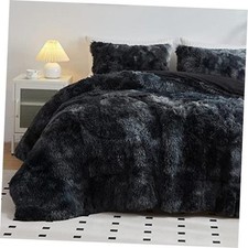 Faux Fur Plush Comforter Set Fluffy Fuzzy Shaggy Bedding Set - 3PC King Black