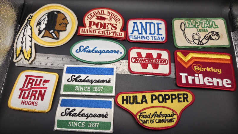 1203,  11, VTG Embroidered Fishing Patches. Poe's, Flaptail, Fred A. Shakespeare