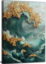 Green and Gold Abstract Canvas Wall Art Ocean Wave Modern painting Decor Pict...