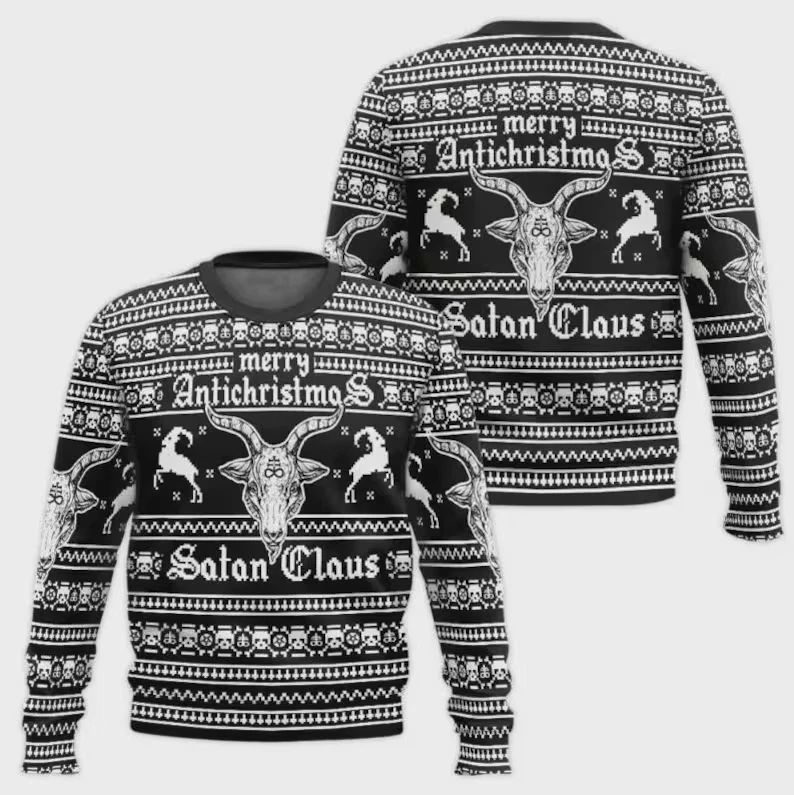 Unisex Gothic Holiday Sweater Black & White Graphic Knit Pullover