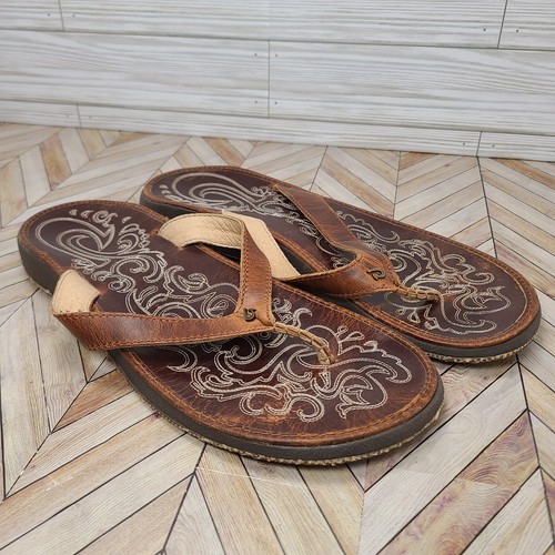 Olukai Paniolo braune Leder-Flip-Flops Zehenstegsandalen Damengröße 11