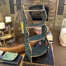 VTG Wood Wall Shelf Green Distressed Paint 20" Shabby 4 Tier Scroll Spice Rack