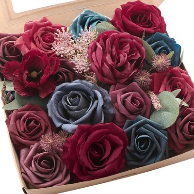 Burgundy, Navy Blue Artificial Flowers, Combo Box, Roses, Peonies, DIY Bouquet