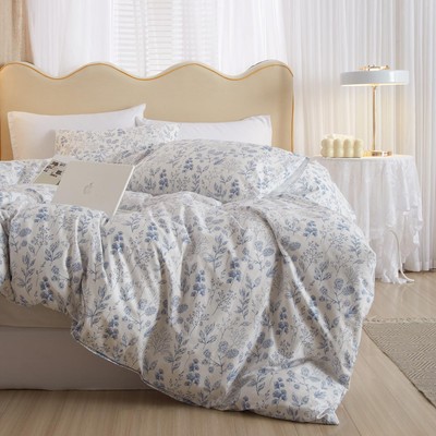 Blue Flower Duvet Cover Full Leaves Pattern 100% Cotton Full Size Bedding Sof...