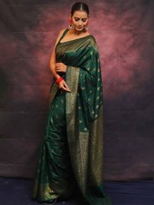 Wedding Wear Green Lichi Silk Saree with Golden Jacquard Pallu Blouse indian
