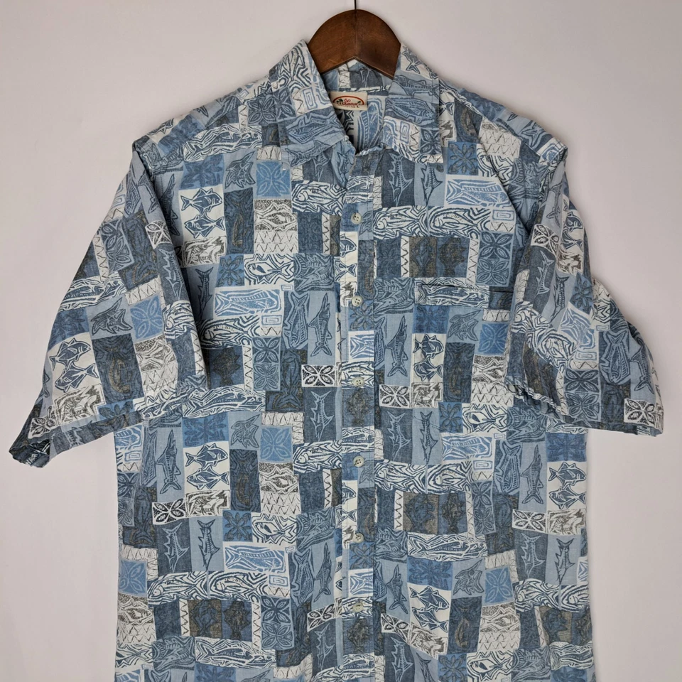 Camisa Hawaiana Go Barefoot De Colección Para Hombres Grande Azul Abotonada S/S Pez Tribal EE. UU. Foto 2 de 4