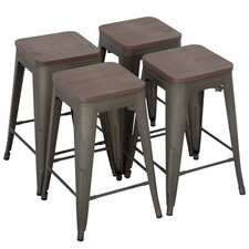 24" Metal Bar Stools Set of 4 Counter Height with Wood Seat for Indoor/Outdoor