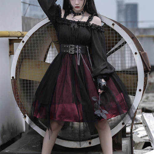 Abito donna gotico maglia con volant manica a sbuffo Lolita steampunk cosplay irregolare rosso - Foto 10 di 17