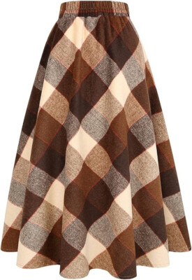 IDEALSANXUN Women's Plaid Midi Skirt - Elastic Waist A-Line Pleated Skirt, Brown, Size Large