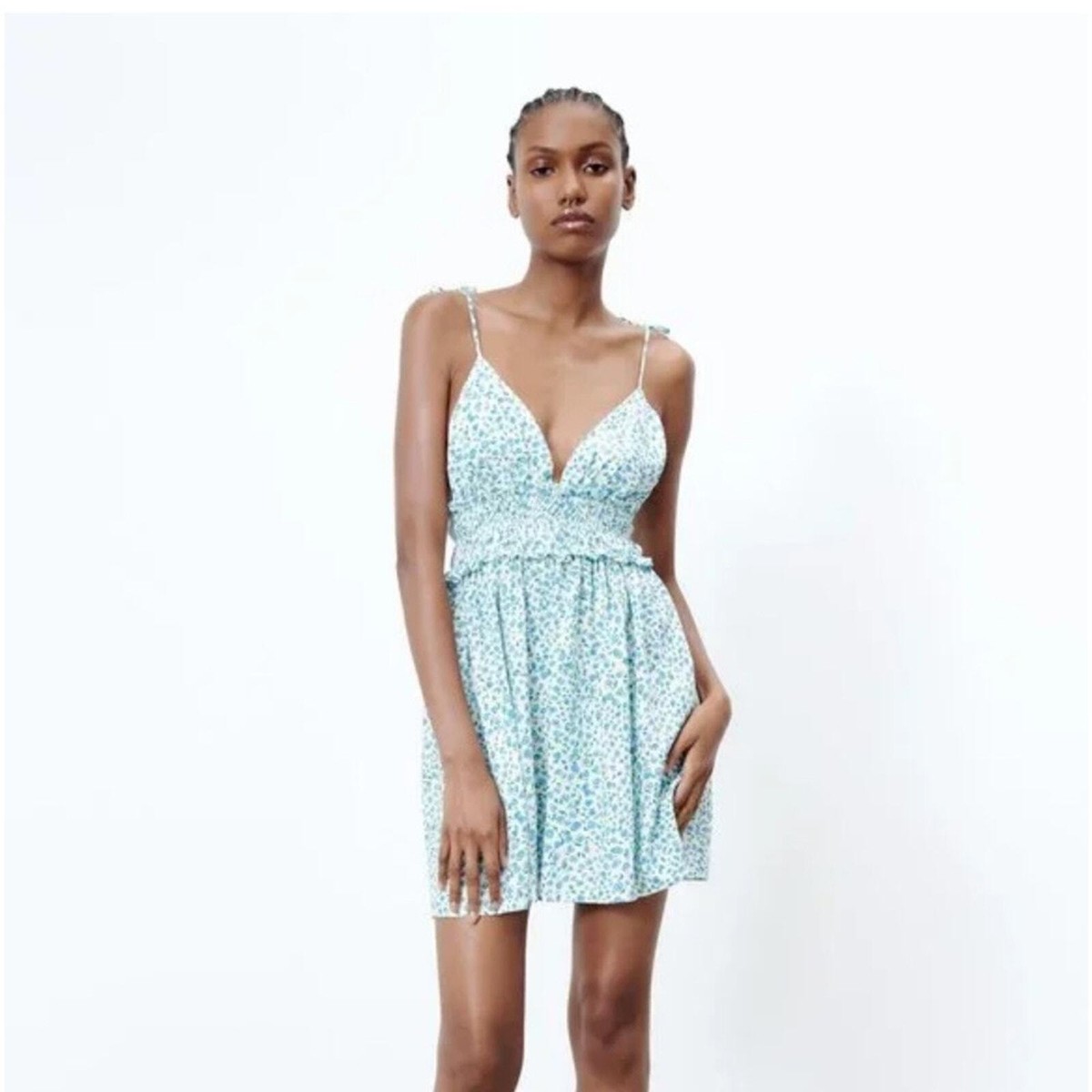 zara floral linen blend mini dress Zara Floral Mini Dress Size Large Blue Green Linen Blend Tie Straps