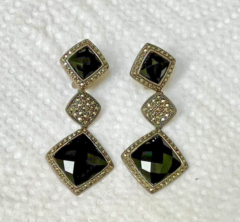 Judith Jack Onyx sterling silver 925 Marcasite dangle drop earrings 2"