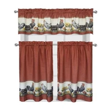 3 Piece Rooster Window Treatment Kitchen Curtain Panel Tier & Valance Set