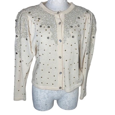 Antonella Preve Cardigan Sweater Vintage Size Medium Cream Silver Metallic Studs