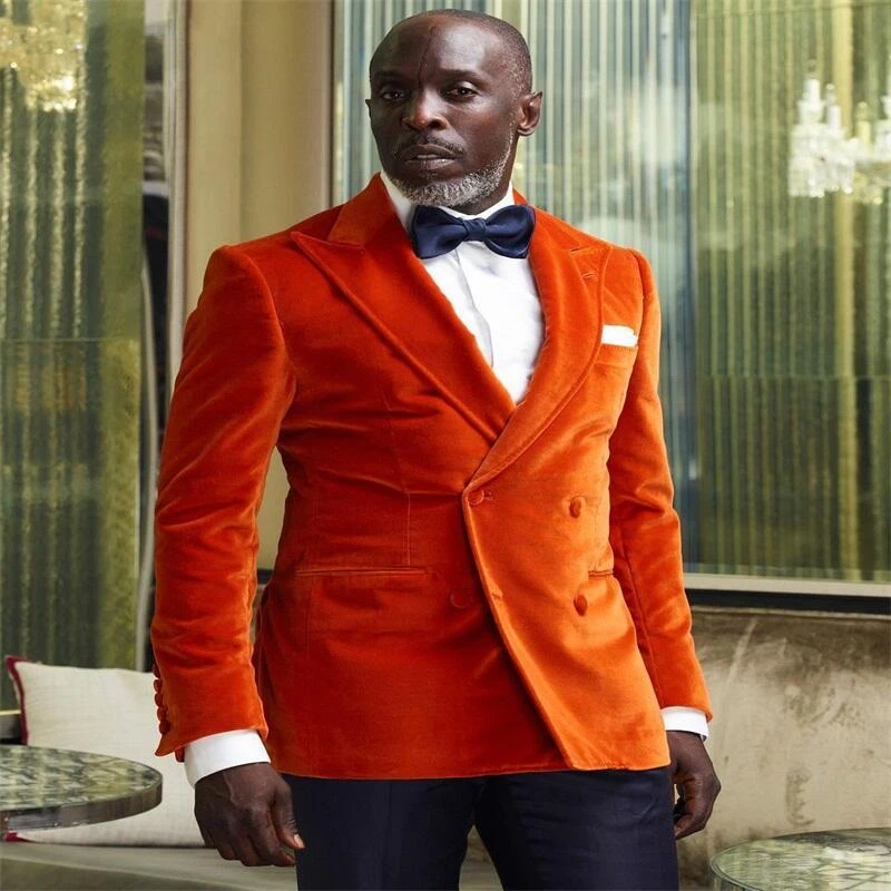 Fashion Men Velvet Suits Peak Lapel Double Breasted Tuxedos Wedding Prom Blazer - Image 2 of 4