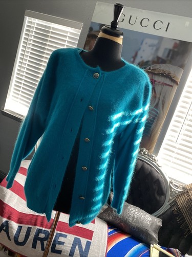 Zell Ucci Vintage Andora Chunky Cardigan Teal Soft Gold Buttons Size Small
