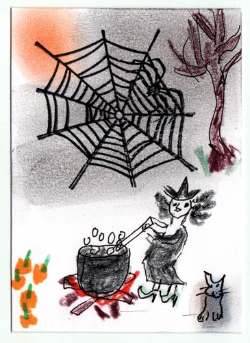 JKW Halloween Spider Web CAT Trees WITCH Cooking Folk Art ACEO Original Painting