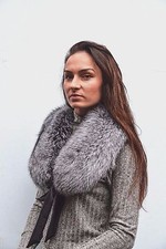 Luxury Saga Furs Silver Fox Fur Women's Furry Collar Scarf Shawl Wrap Neck