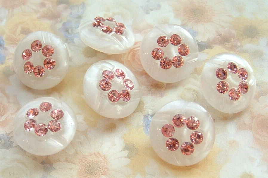 Set of 7 Vintage Small White Moonglow Glass Buttons w/Circle of Pink Rhinestones - Image 2 of 4