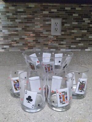Vintage Luminart Glass Playing Card Party Set Bowl & 4 Whiskey Glasses