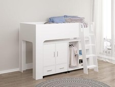 White Wood Finish Mid Sleeper Kids Bunk Bed Frame,Robe,Drawers,Shelf,Storage