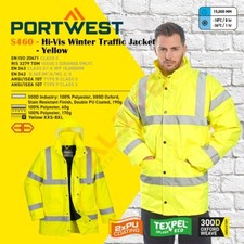 Portwest S460 Hi-Vis Winter Traffic Jacket Waterproof Hooded Work Coat - Yellow