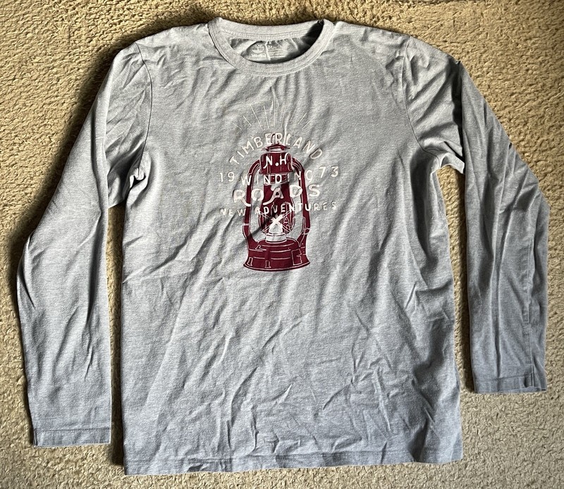 Timberland Men’s M Gray Long Sleeve Graphic T Shirt Roads New Adventures