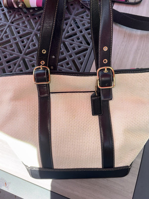 Coach Straw & Leather Tote Woven Pattern Buckle Accent Pink Lining Gold Hardware