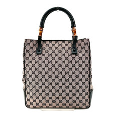 GUCCI Bamboo Tote Hand Bag Canvas Leather Navy GG Authentic